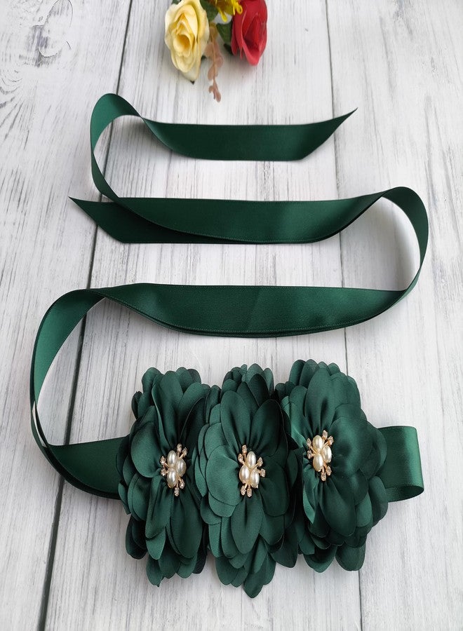Oyabridal Flower Girl Sash Belt for Dresses Bride/Bridesmaid Sash Belts Flower Pearls Sashes for Wedding Dress (Hunter Green) - Image 5